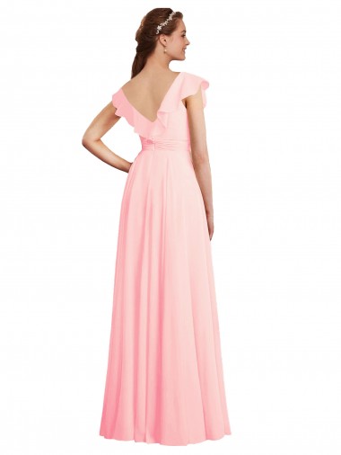 Rosa Chiffon Linha A Mangas Curtas Decote V Longo Vestidos de Madrinha