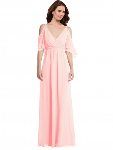 Rosa Chiffon Linha A Ombro Frio Decote V Longo Vestidos de Madrinha