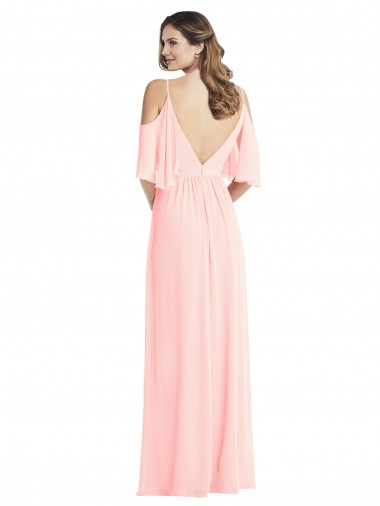 Rosa Chiffon Linha A Ombro Frio Decote V Longo Vestidos de Madrinha