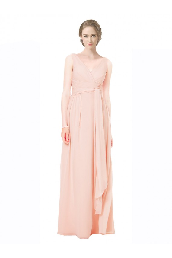 Rosa Chiffon Linha A Sem Mangas Decote V Longo Vestidos de Madrinha Acessíveis