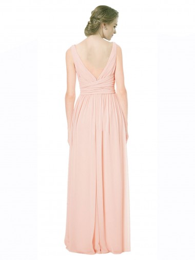 Rosa Chiffon Linha A Sem Mangas Decote V Longo Vestidos de Madrinha