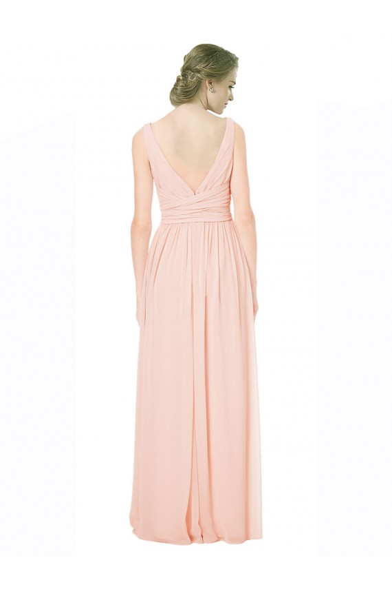 Rosa Chiffon Linha A Sem Mangas Decote V Longo Vestidos de Madrinha Acessíveis