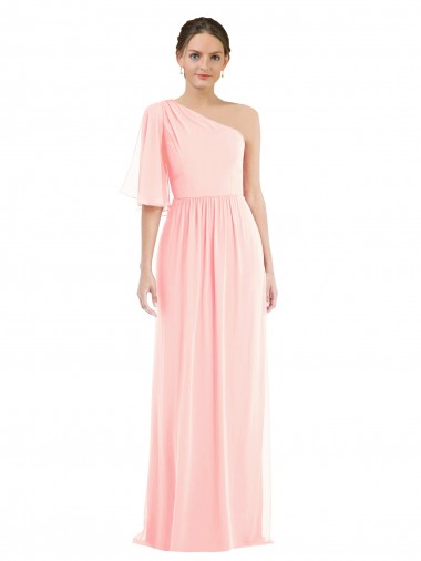 Rosa Chiffon Linha A Um Ombro Longo Vestidos de Madrinha