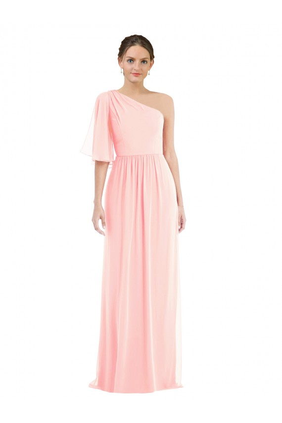 Rosa Chiffon Linha A Um Ombro Longo Vestidos de Madrinha Acessíveis