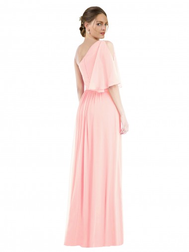 Rosa Chiffon Linha A Um Ombro Longo Vestidos de Madrinha