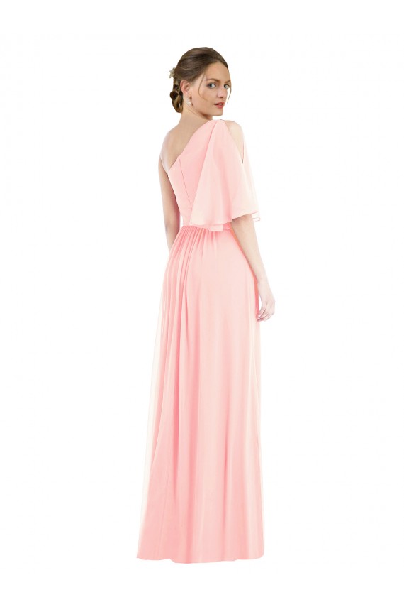 Rosa Chiffon Linha A Um Ombro Longo Vestidos de Madrinha Acessíveis