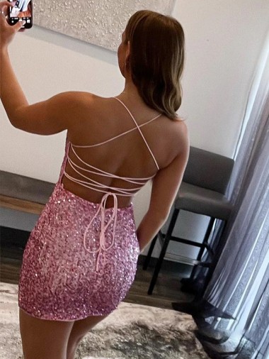 Rosa Choque Bainha Alças finas Curto Lantejoulas Veludo Curto Lantejoulas Veludo Vestidos de Festa