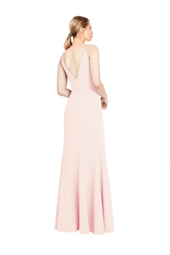 Rosa Crepe Esticado Linha A Costas em V Decote Alto Longo Formais Vestidos de Madrinha / Vestidos de Noite / Vestidos de Festa Acessíveis