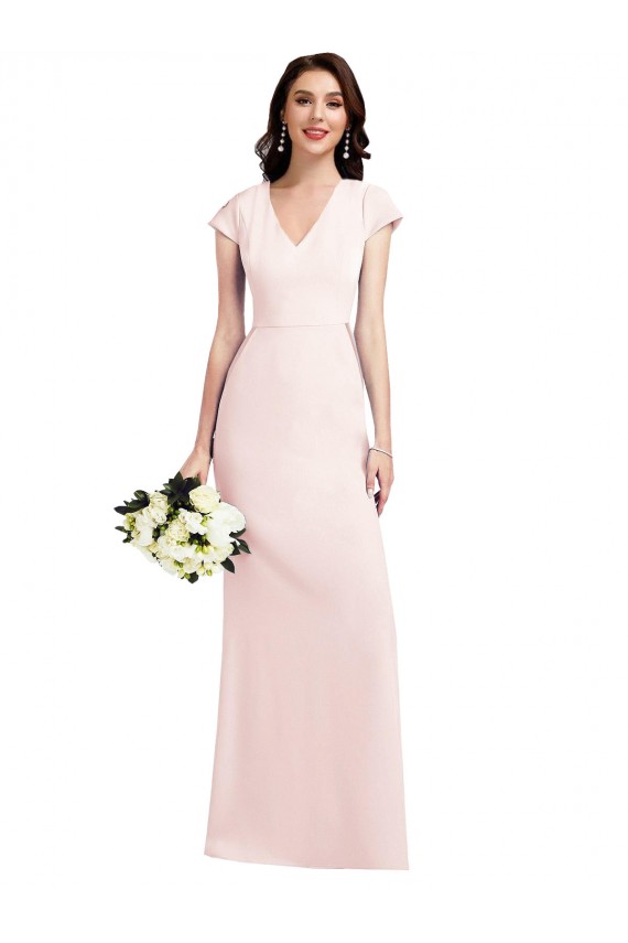 Rosa Crepe Esticado Linha A Decote V Longo Formais Vestidos de Madrinha / Vestidos de Noite / Vestidos de Festa Acessíveis