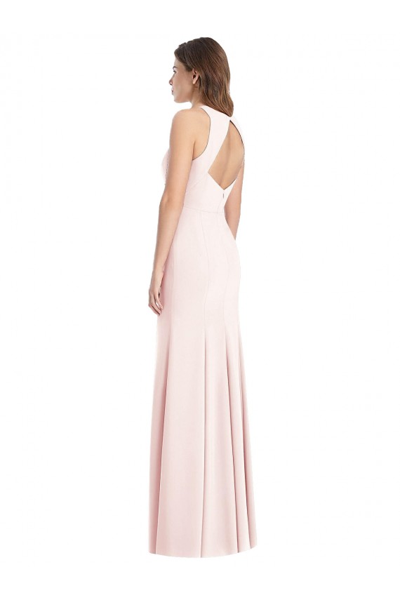 Rosa Crepe Esticado Trombeta Sem Mangas Barco Longo Vestidos de Madrinha / Vestidos de Festa Acessíveis