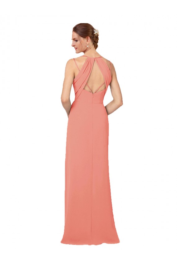 Rosa Deserto Bainha Decote V Chiffon Longo Vestidos de Madrinha Acessíveis