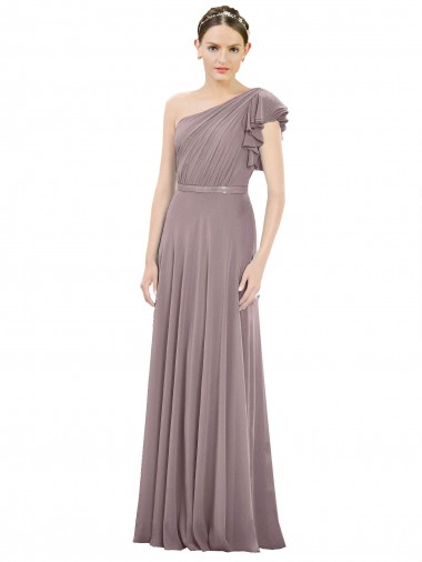 Rosa Empoeirada Linha A Um Ombro Chiffon Longo Vestidos de Madrinha