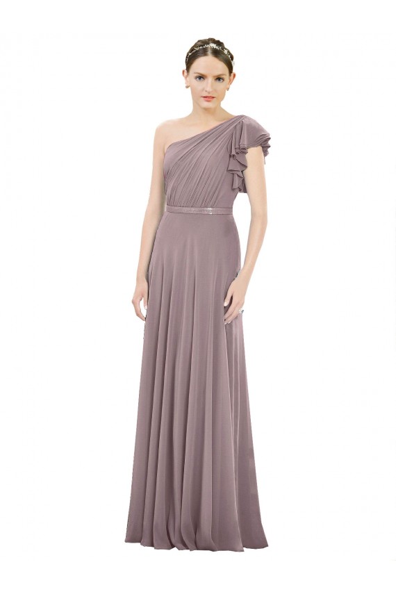 Rosa Empoeirada Linha A Um Ombro Chiffon Longo Vestidos de Madrinha Acessíveis