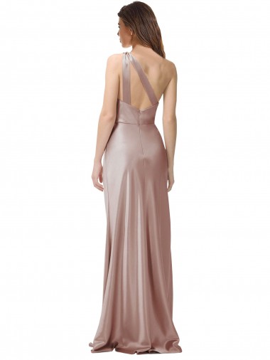 Rosa Empoeirado Bainha Um Ombro Cetim Elástico Longo Formais Vestidos de Madrinha / Vestidos de Festa