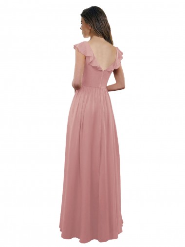 Rosa Empoeirado Chiffon Linha A Costas em V Decote V Longo Vestidos de Madrinha