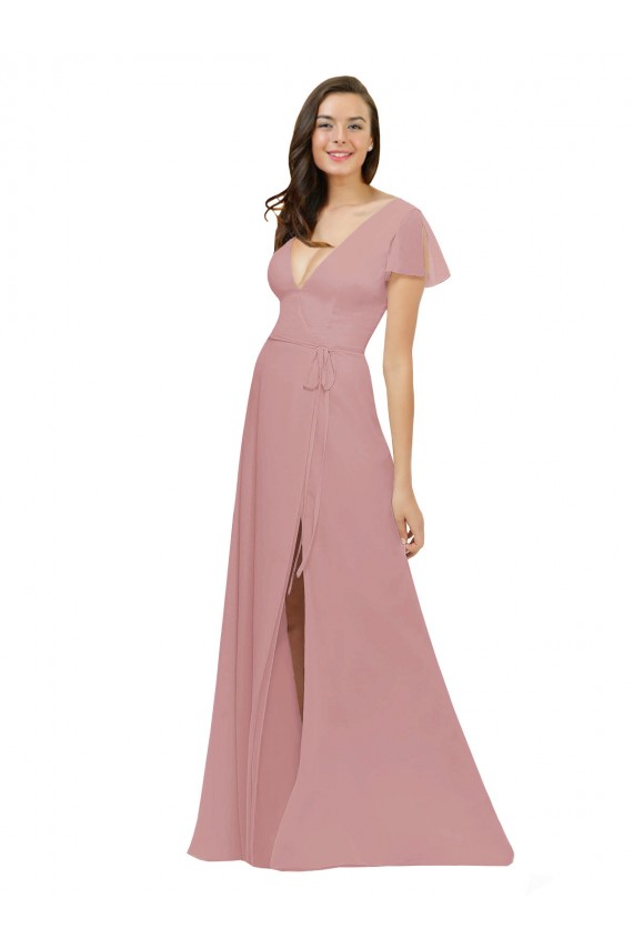 Rosa Empoeirado Chiffon Linha A Mangas Esvoaçantes Decote V Longo Vestidos de Madrinha Acessíveis