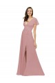 Rosa Empoeirado Chiffon Linha A Mangas Esvoaçantes Decote V Longo Vestidos de Madrinha Acessíveis