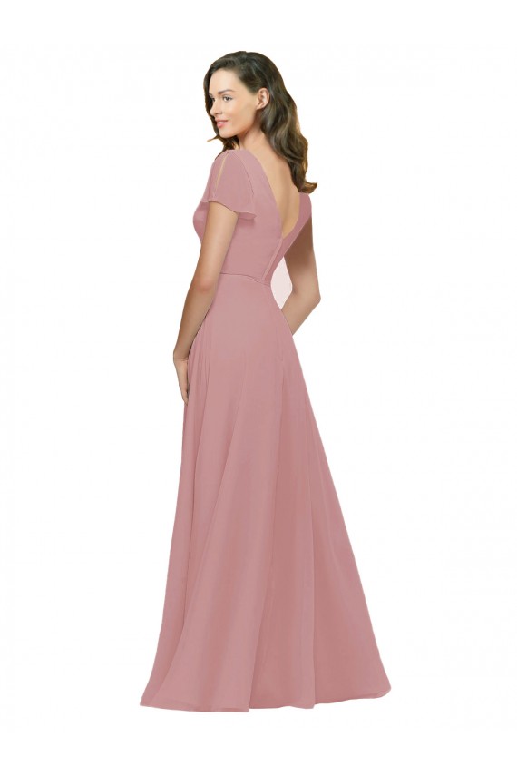 Rosa Empoeirado Chiffon Linha A Mangas Esvoaçantes Decote V Longo Vestidos de Madrinha Acessíveis
