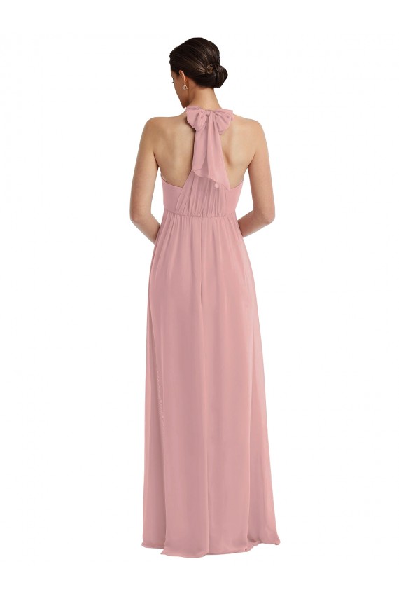 Rosa Empoeirado Linha A Cabeçada Chiffon Longo Vestidos de Madrinha Acessíveis