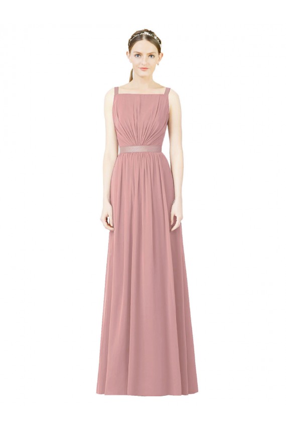 Rosa Empoeirado Linha A Decote Alto Chiffon Longo Vestidos de Madrinha Acessíveis