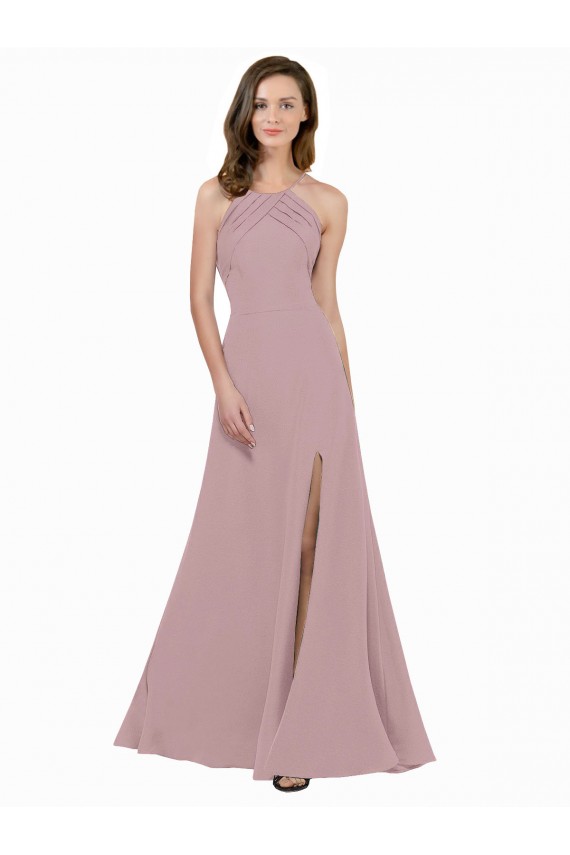 Rosa Empoeirado Linha A Decote Joia Crepe Esticado Longo Vestidos de Madrinha / Vestidos de Festa Acessíveis