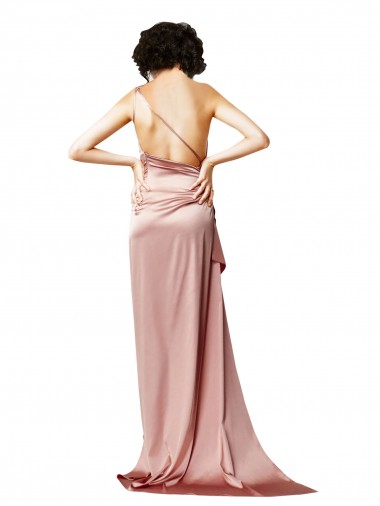 Rosa Empoeirado Linha A Um Ombro Cetim Sedoso Longo Formais Vestidos de Madrinha / Vestidos de Festa