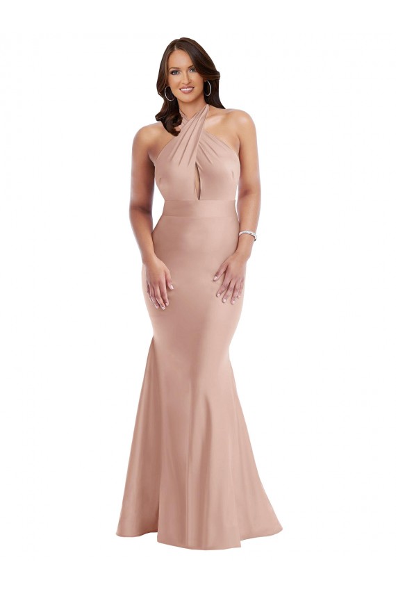 Rosa Empoeirado Sereia Cabeçada Cetim Sedoso Longo Formais Vestidos de Madrinha / Vestidos de Festa Acessíveis