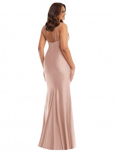 Rosa Empoeirado Sereia Decote V Cetim Sedoso Longo Formais Vestidos de Madrinha / Vestidos de Festa