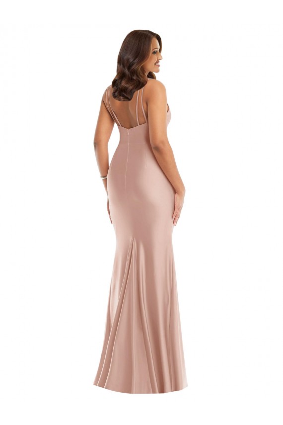 Rosa Empoeirado Sereia Decote V Cetim Sedoso Longo Formais Vestidos de Madrinha / Vestidos de Festa