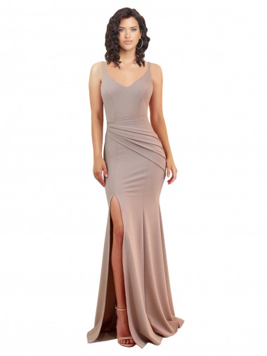 Rosa Empoeirado Sereia Decote V Crepe Esticado Longo Formais Vestidos de Madrinha / Vestidos de Festa