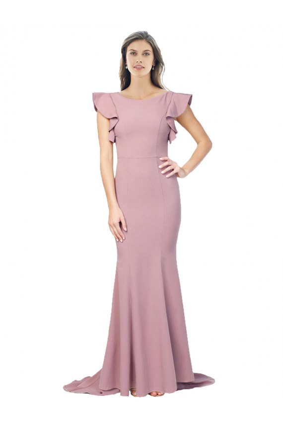 Rosa Empoeirado Sereia Decote redondo Comboio Varredela Crepe Esticado Longo Formais Vestidos de Madrinha / Vestidos de Festa