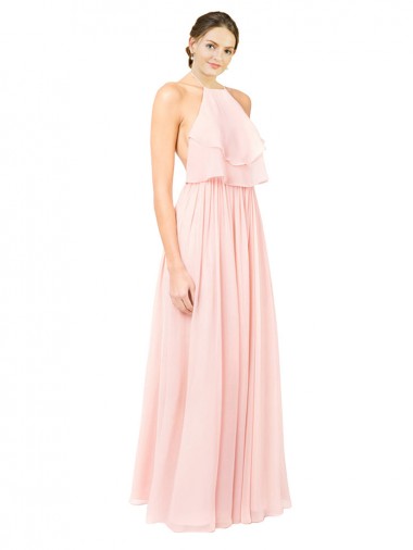 Rosa Linha A Cabeçada Chiffon Longo Vestidos de Madrinha