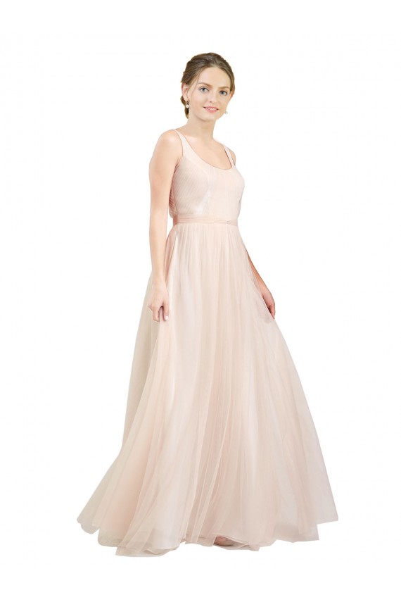 Rosa Linha A Colher Tule Longo Vestidos de Madrinha Acessíveis