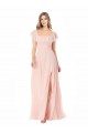 Rosa Linha A Decote Quadrado Chiffon Longo Vestidos de Madrinha Acessíveis