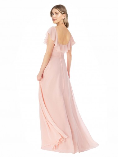 Rosa Linha A Decote Quadrado Chiffon Longo Vestidos de Madrinha