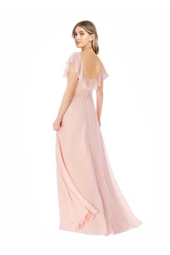 Rosa Linha A Decote Quadrado Chiffon Longo Vestidos de Madrinha Acessíveis