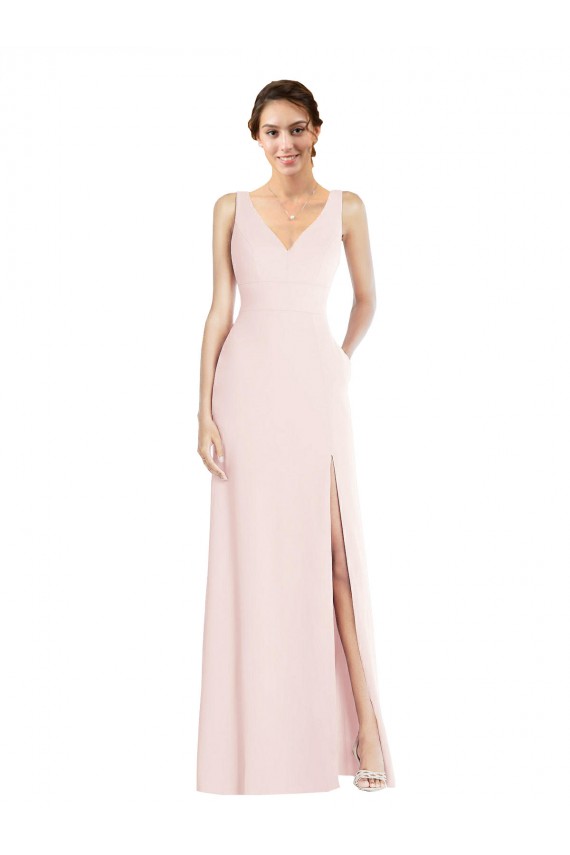 Rosa Linha A Decote V Crepe Esticado Longo Vestidos de Madrinha / Vestidos de Festa