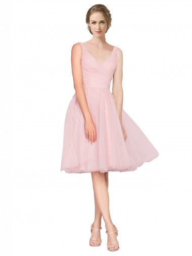 Rosa Linha A Decote V Tule Curto Vestidos de Madrinha / Vestidos de Homecoming