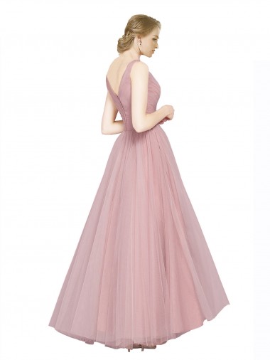 Rosa Tule Linha A Costas em V Decote V Longo Vestidos de Madrinha