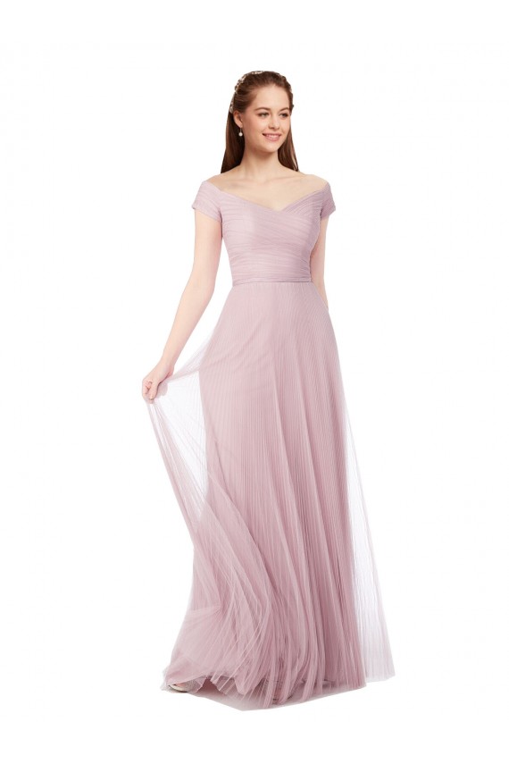 Rosa Tule Linha A Fora do Ombro Longo Vestidos de Madrinha