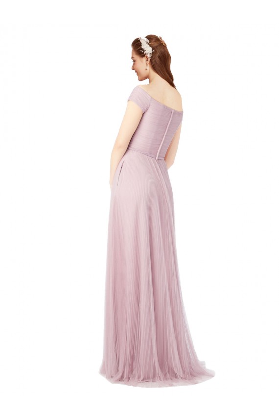 Rosa Tule Linha A Fora do Ombro Longo Vestidos de Madrinha