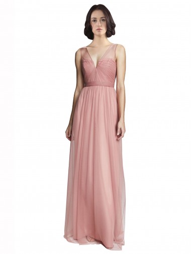 Rose Rosa Linha A Decote V Tule Longo Vestidos de Madrinha