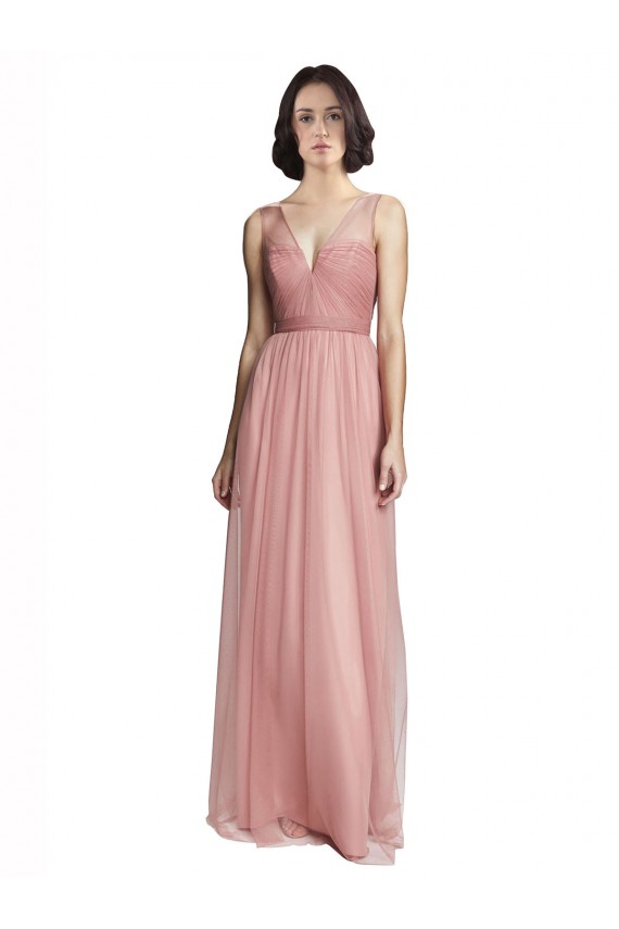 Rose Rosa Linha A Decote V Tule Longo Vestidos de Madrinha