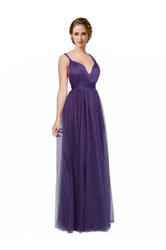 Roxo Linha A Alças finas Tule Longo Vestidos de Madrinha Acessíveis
