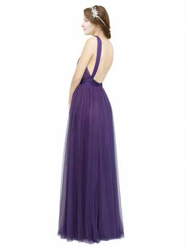 Roxo Linha A Alças finas Tule Longo Vestidos de Madrinha