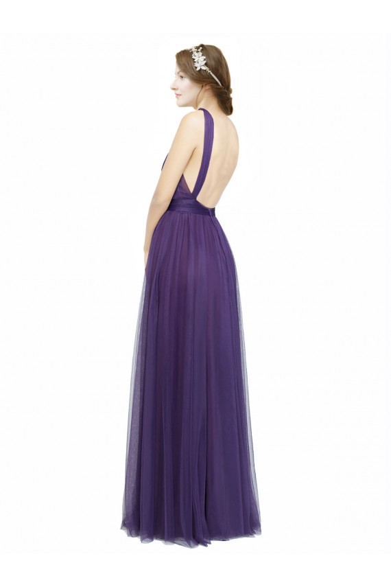 Roxo Linha A Alças finas Tule Longo Vestidos de Madrinha Acessíveis