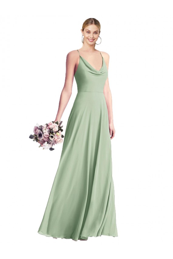 Sábio Chiffon Linha A Criss Cruz Decote Capuz Longo Vestidos de Madrinha Acessíveis