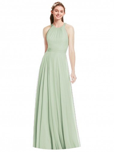 Sábio Chiffon Linha A Sem Mangas Cabeçada Longo Vestidos de Madrinha