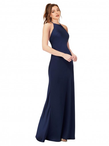 Safira Bainha Decote Alto Cetim Sedoso Longo Formais Vestidos de Madrinha / Vestidos de Festa
