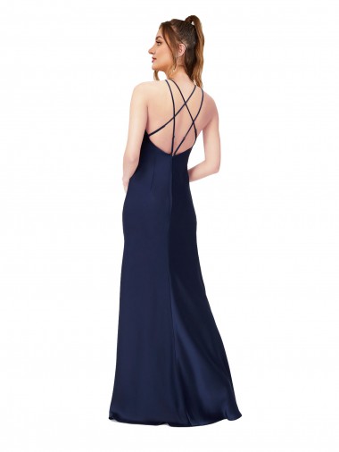 Safira Bainha Decote Alto Cetim Sedoso Longo Formais Vestidos de Madrinha / Vestidos de Festa